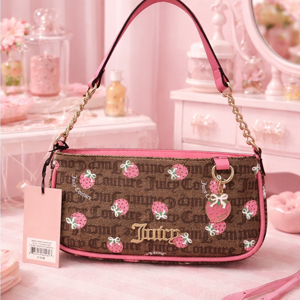 Juicy Couture Brown & Pink Strawberry Logo Shoulder Bag